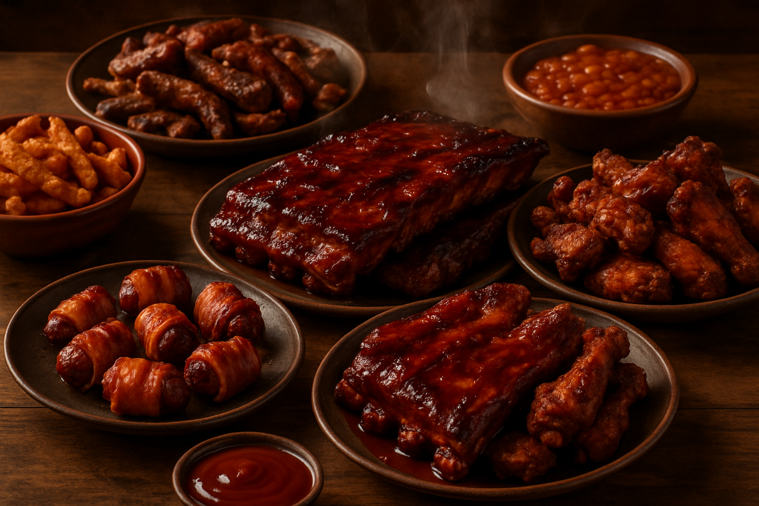 a table full of BBQ, Bacon wrapped dates, Ribs, Chicken wings, 